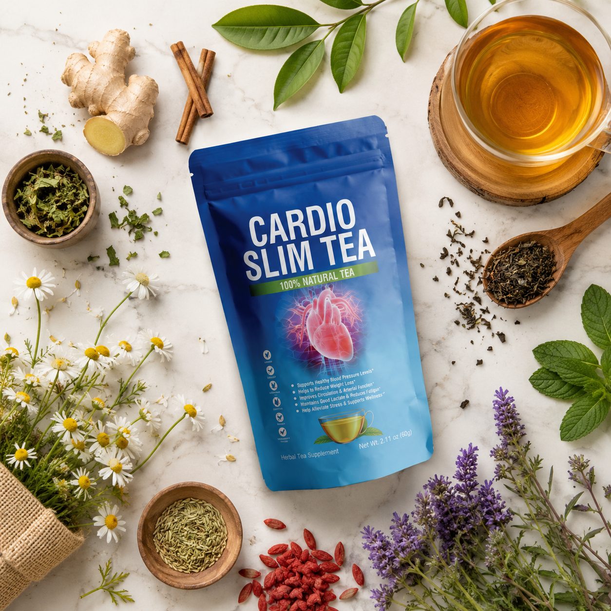 Natural herbal ingredients used in Cardio Slim Tea including green tea, hibiscus and ginger